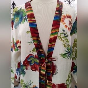 Chico's Distressed Colorful Hibiscus Flowers Kimono Jacket 100% Linen Size 3/2X